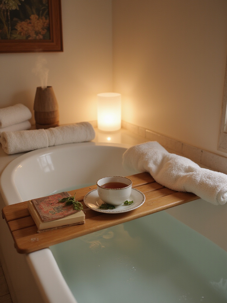 Luxurious bathroom scene with bathtub accessories for relaxation