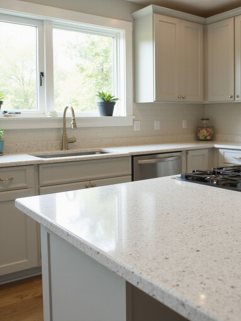 A kitchen with various durable countertop materials including quartz and granite under natural light.