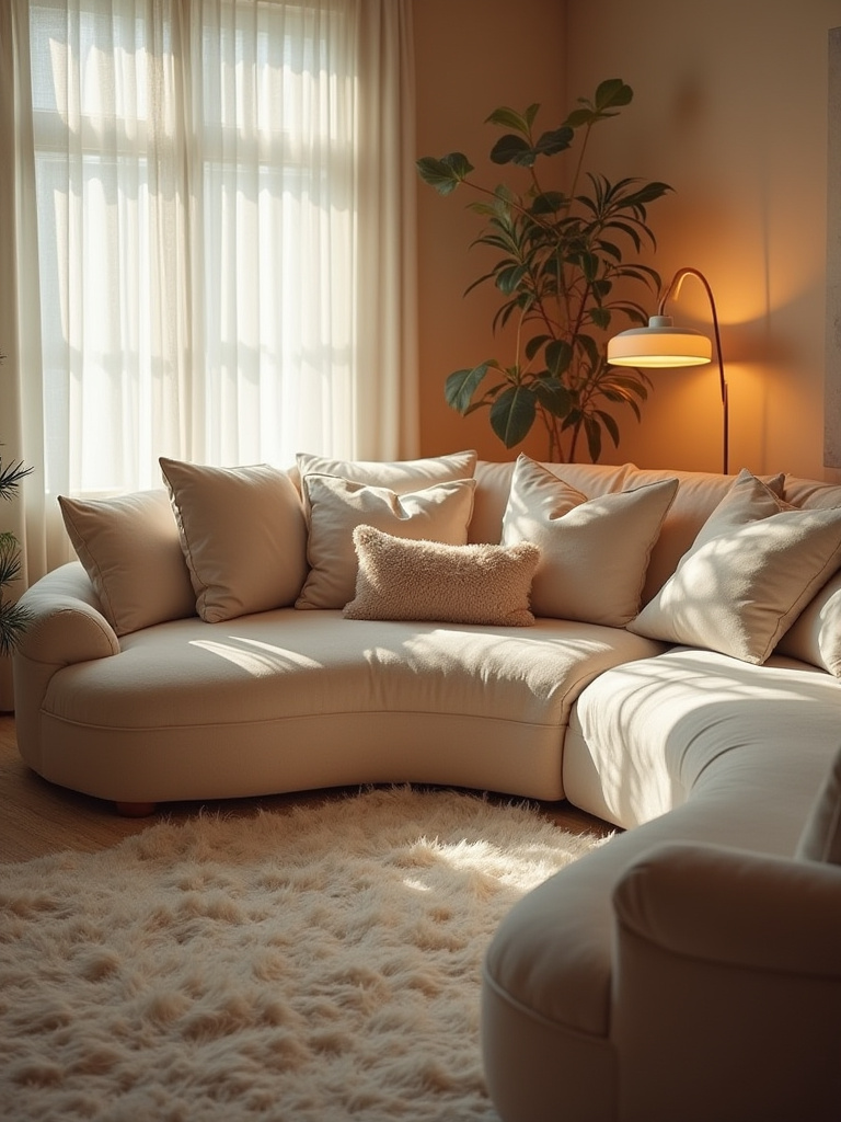 Cozy living room with gentle curved furniture and warm lighting