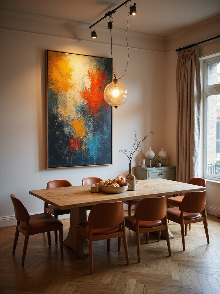 Contemporary dining room with impactful artwork on the wall