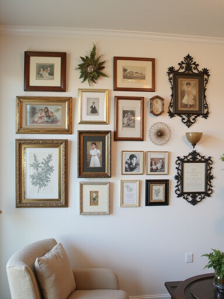Eclectic gallery wall in a boho living room, featuring diverse art and personal photos.