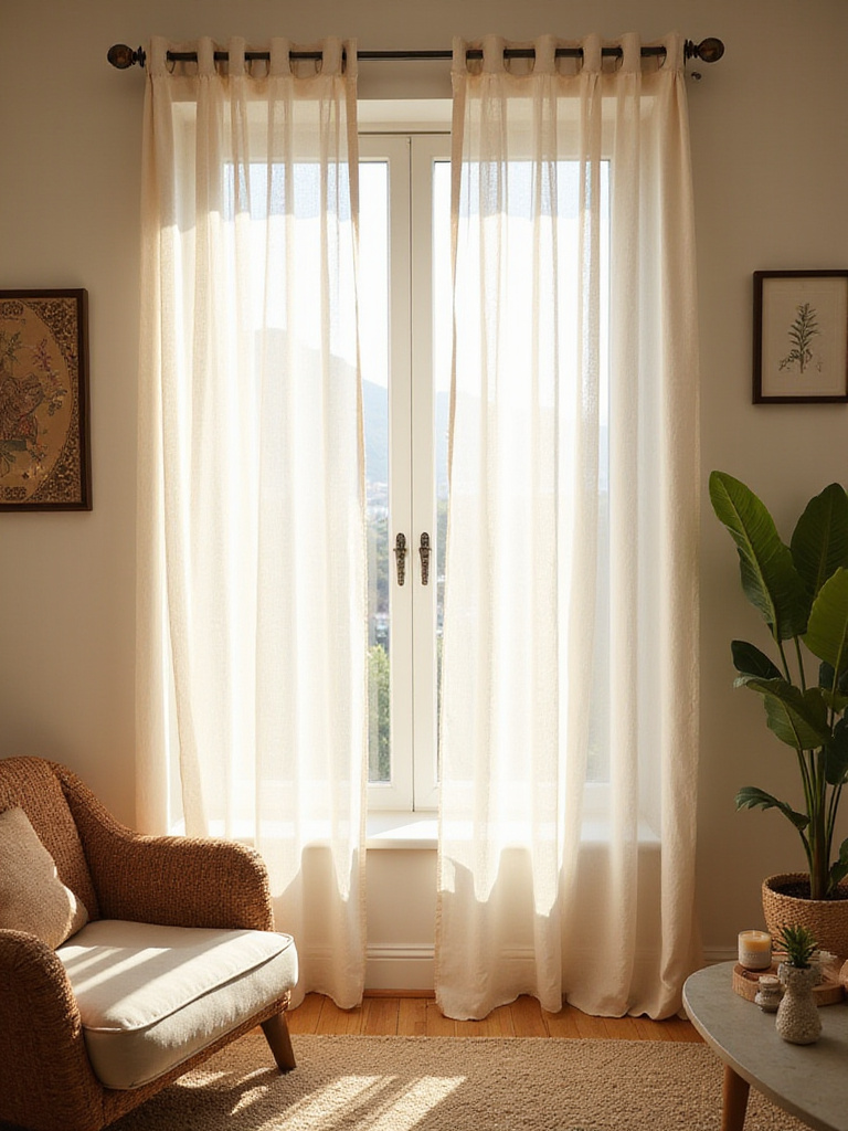 Boho living room with sheer curtains filtering natural light