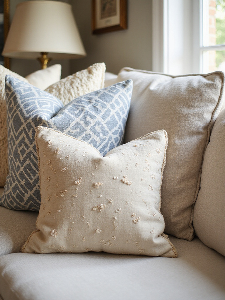 A beautifully styled living room sofa with diverse patterned throw pillows in a boho aesthetic.