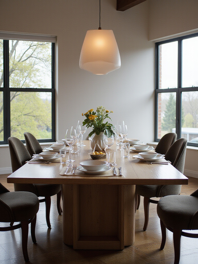Contemporary dining room featuring a rectangular table with elegant tableware and natural light.
