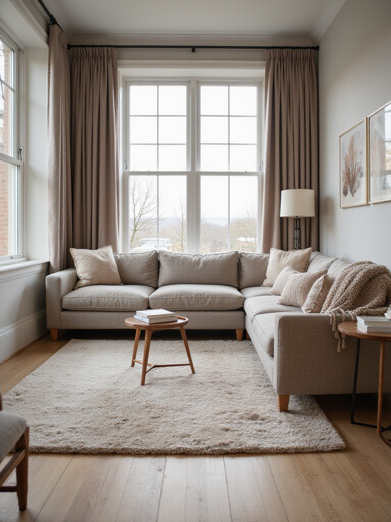 Elegant and serene living room showcasing sound-absorbing materials for a peaceful environment.