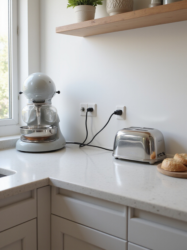 Modern kitchen with strategically placed electrical outlets and small appliances.