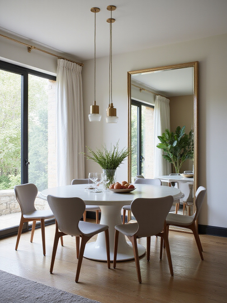 Contemporary dining room with strategically placed mirrors reflecting natural light and views.