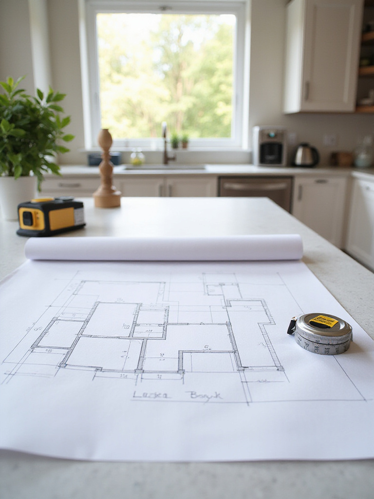 Kitchen design workspace with layout plan and measurement tools