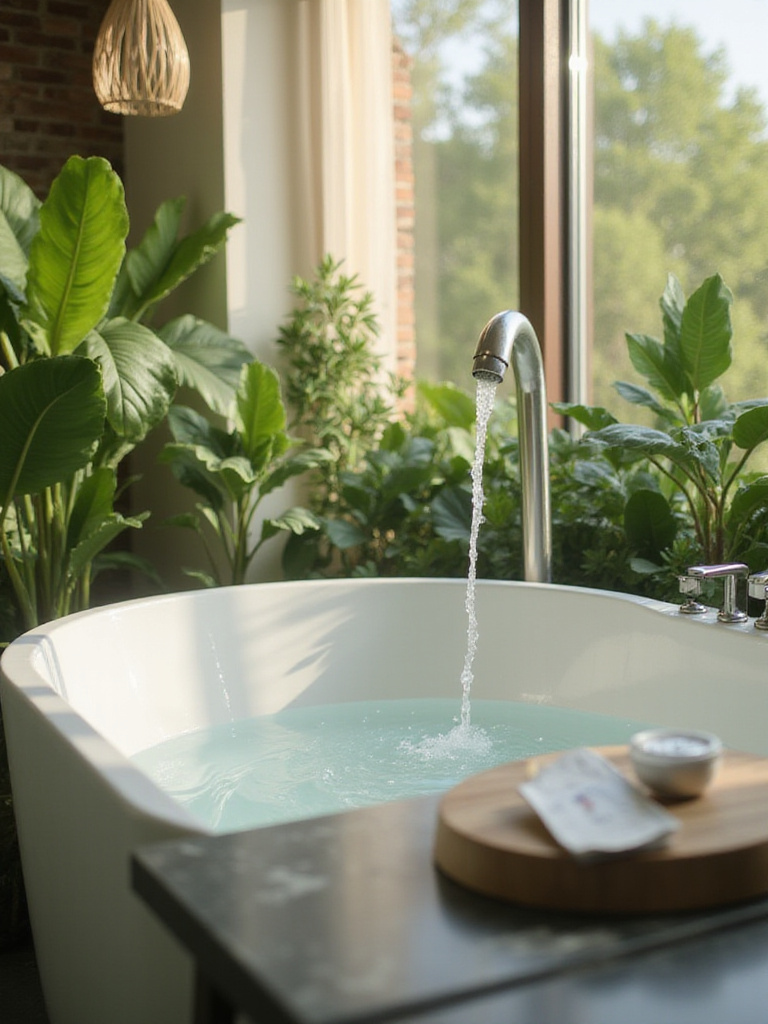 Eco-friendly bathroom with modern bathtub and plants promoting water conservation