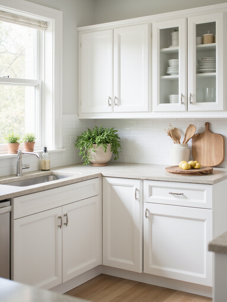 Professional photo of white kitchen cabinets with organized kitchen tools and soft natural lighting.