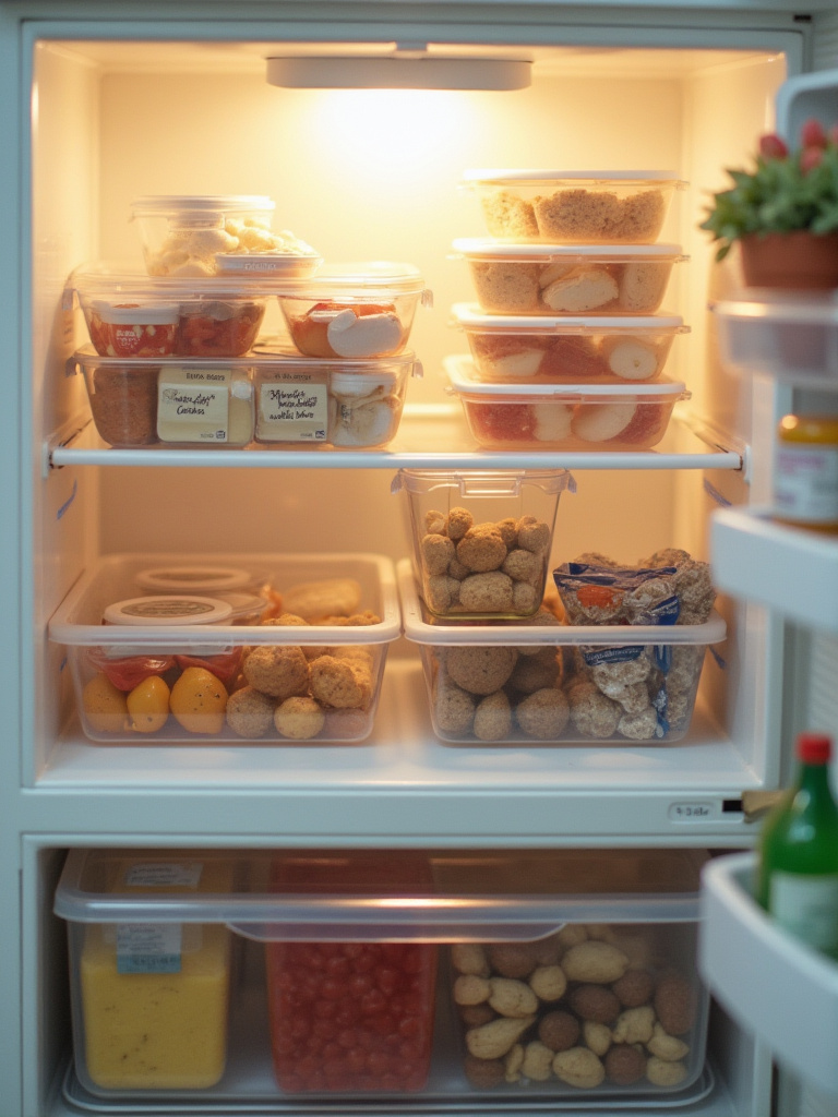 Organized refrigerator with clear bins containing small items like snacks and condiments.
