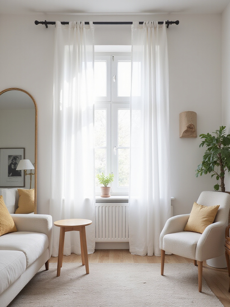 Bright apartment living room with natural light from small window and sheer curtains