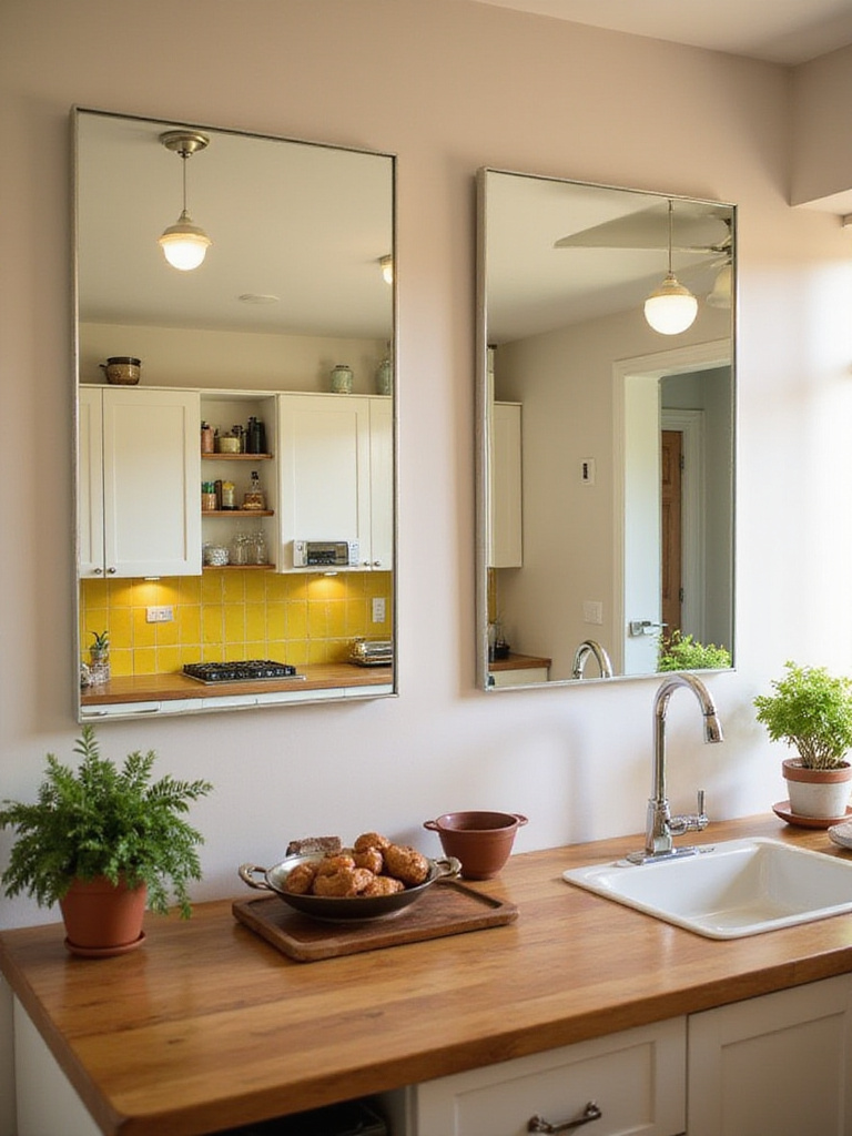 A bright small kitchen featuring strategically placed mirrors reflecting light and decor.