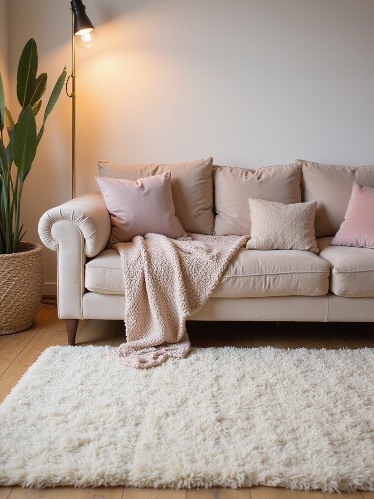 Cozy living room with plush textures and warm lighting