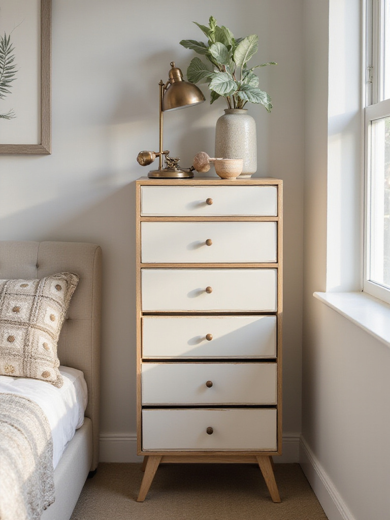 Slim vertical dresser in a small bedroom, showcasing storage capabilities and design.