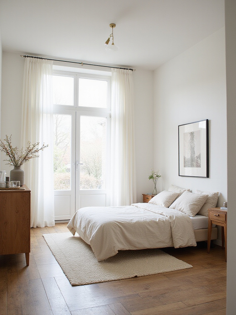 A decluttered small bedroom with an open, airy feel, featuring natural lighting and minimalistic decor.