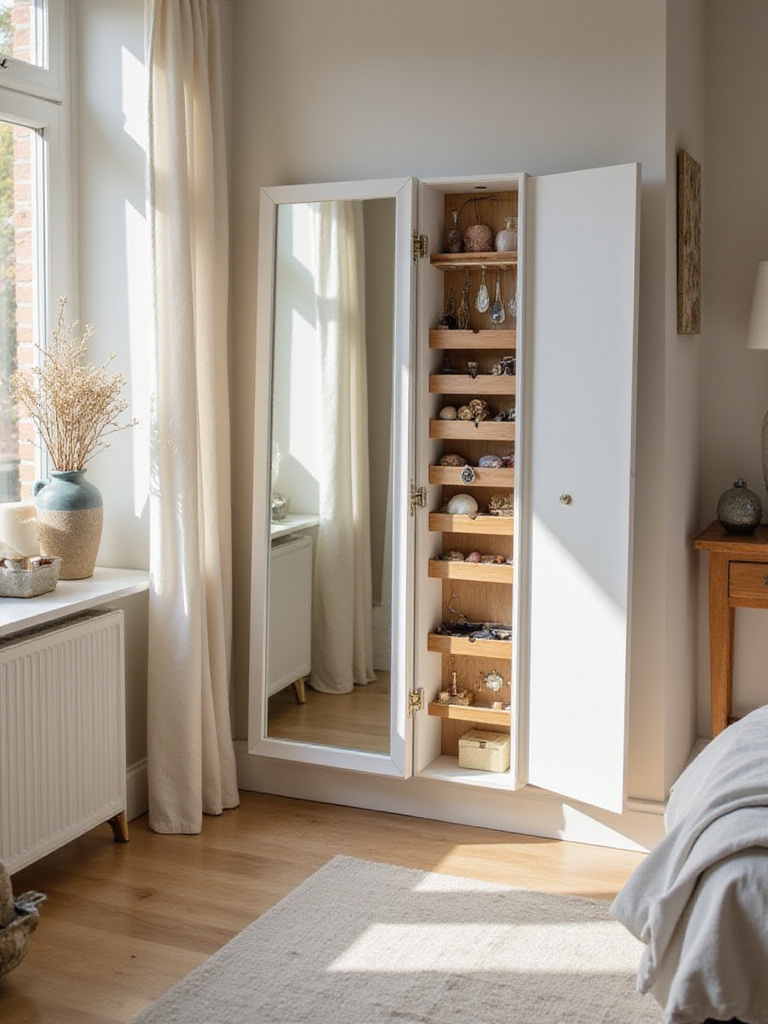 Full-length mirror with hidden storage compartments displaying organized jewelry in a cozy bedroom.