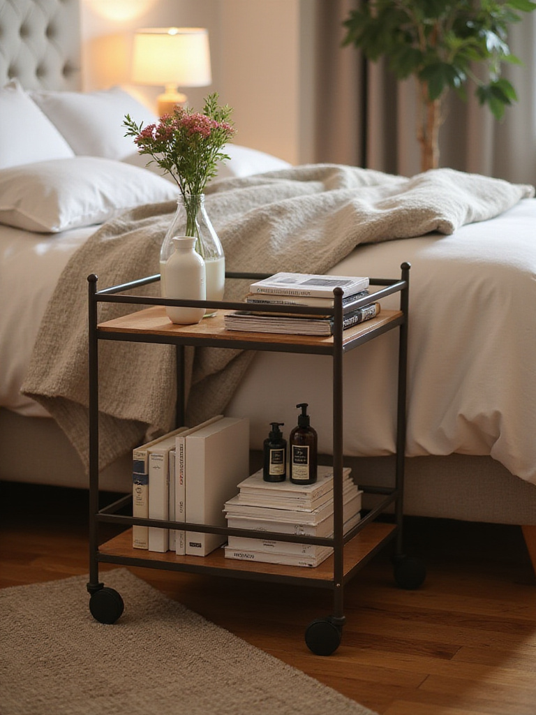 Slim rolling cart beside a bed in a cozy bedroom filled with organized items.