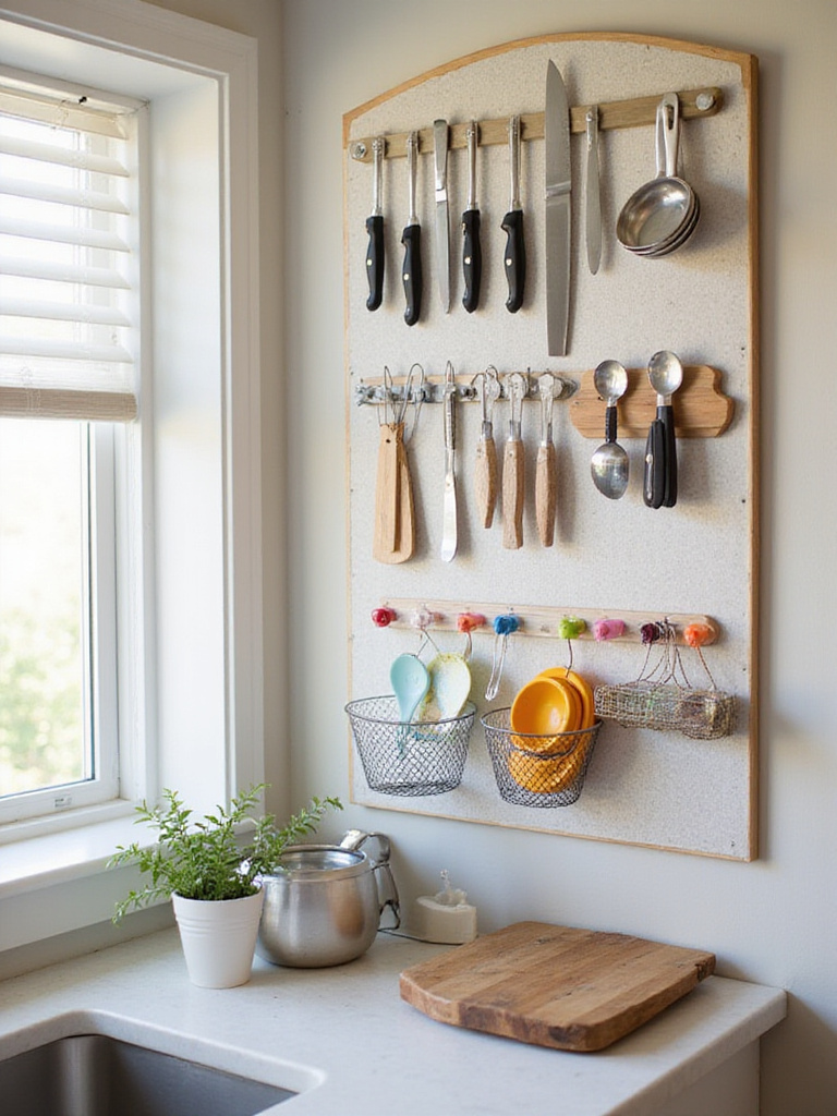 Organized kitchen wall with magnetic strips and pegboard for tools