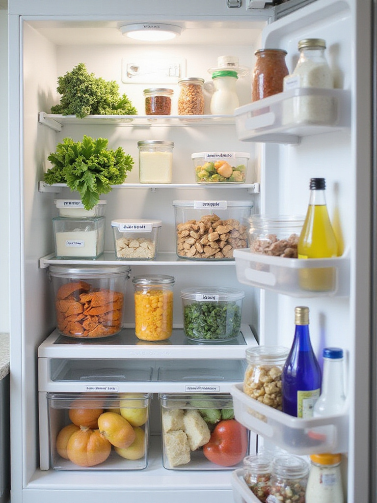 Organized refrigerator with designated zones for produce, dairy, and leftovers.