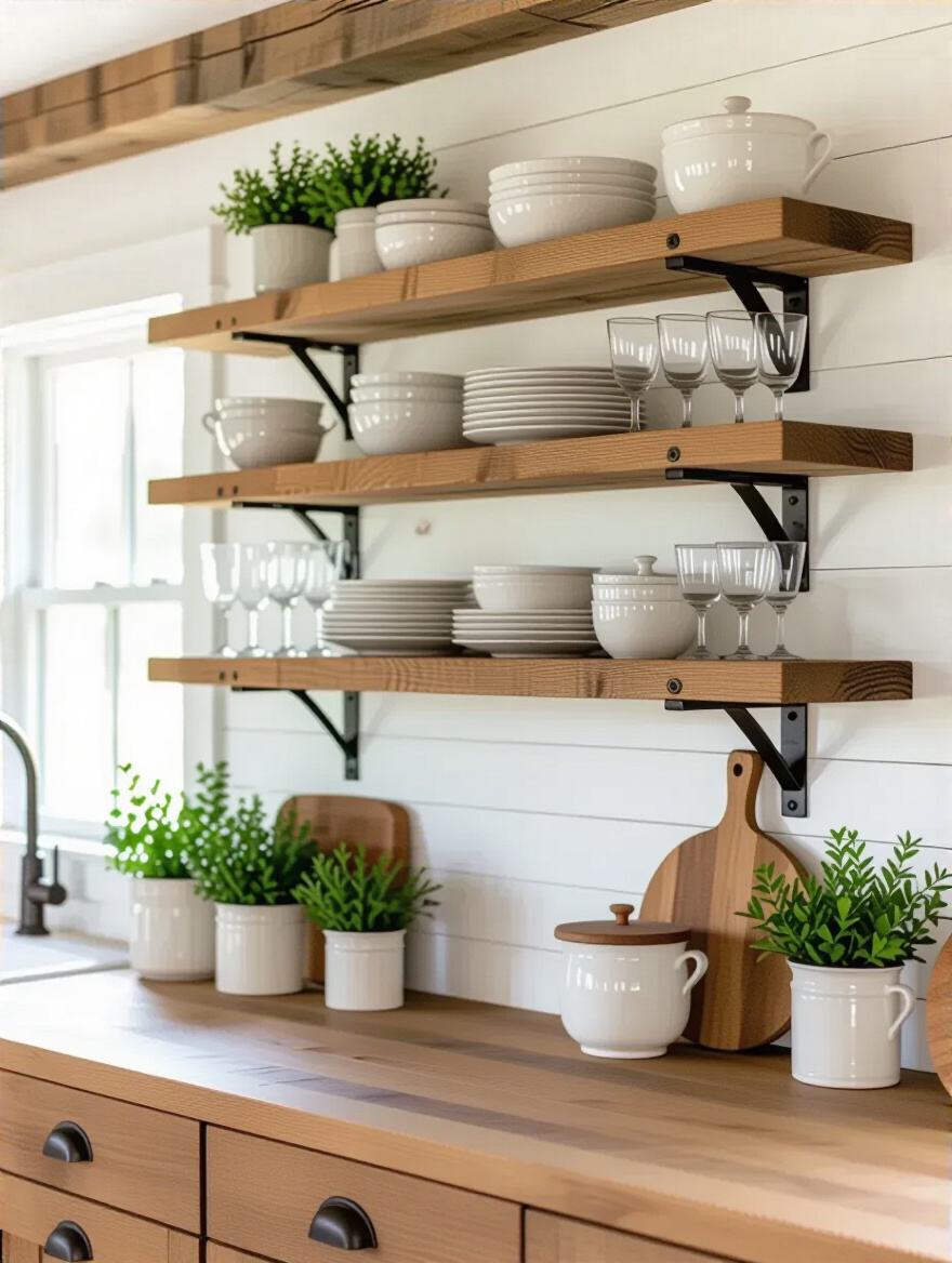 Farmhouse kitchen with DIY open shelving featuring rustic wood shelves and curated decor items