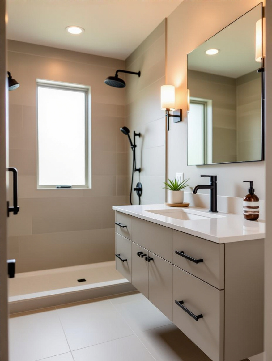Modern bathroom with coordinated matte black fixture finishes including faucet, showerhead, and towel bars