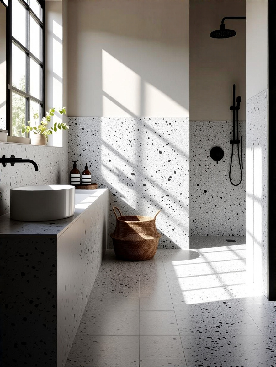 Industrial bathroom featuring terrazzo-effect tiles in muted grey tones