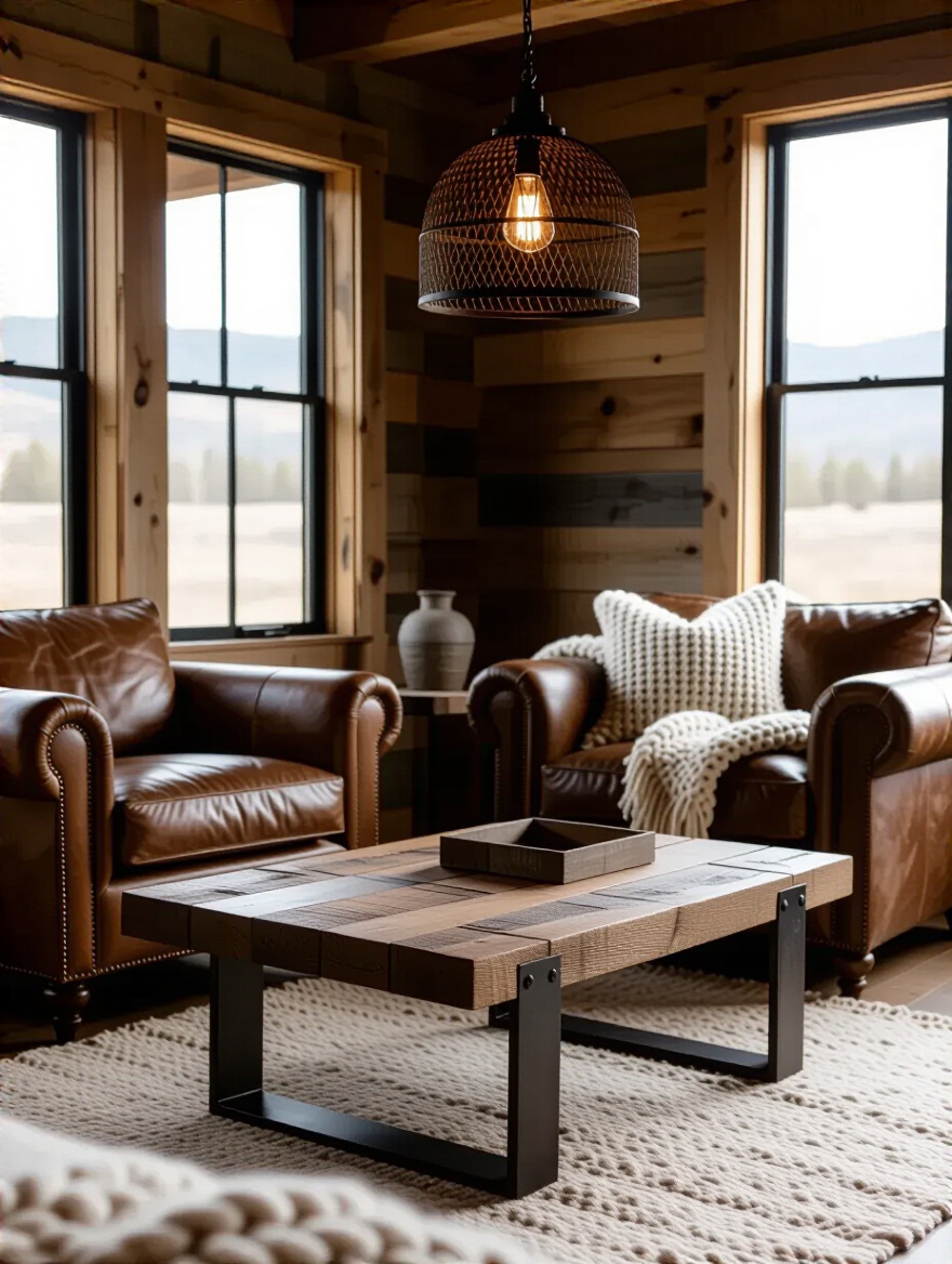 Rustic living room corner with reclaimed wood coffee table and industrial metal furnishings under warm natural light