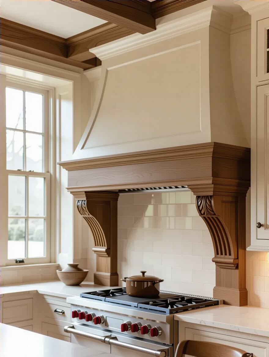 Traditional kitchen with decorative corbels and pilasters enhancing cabinetry