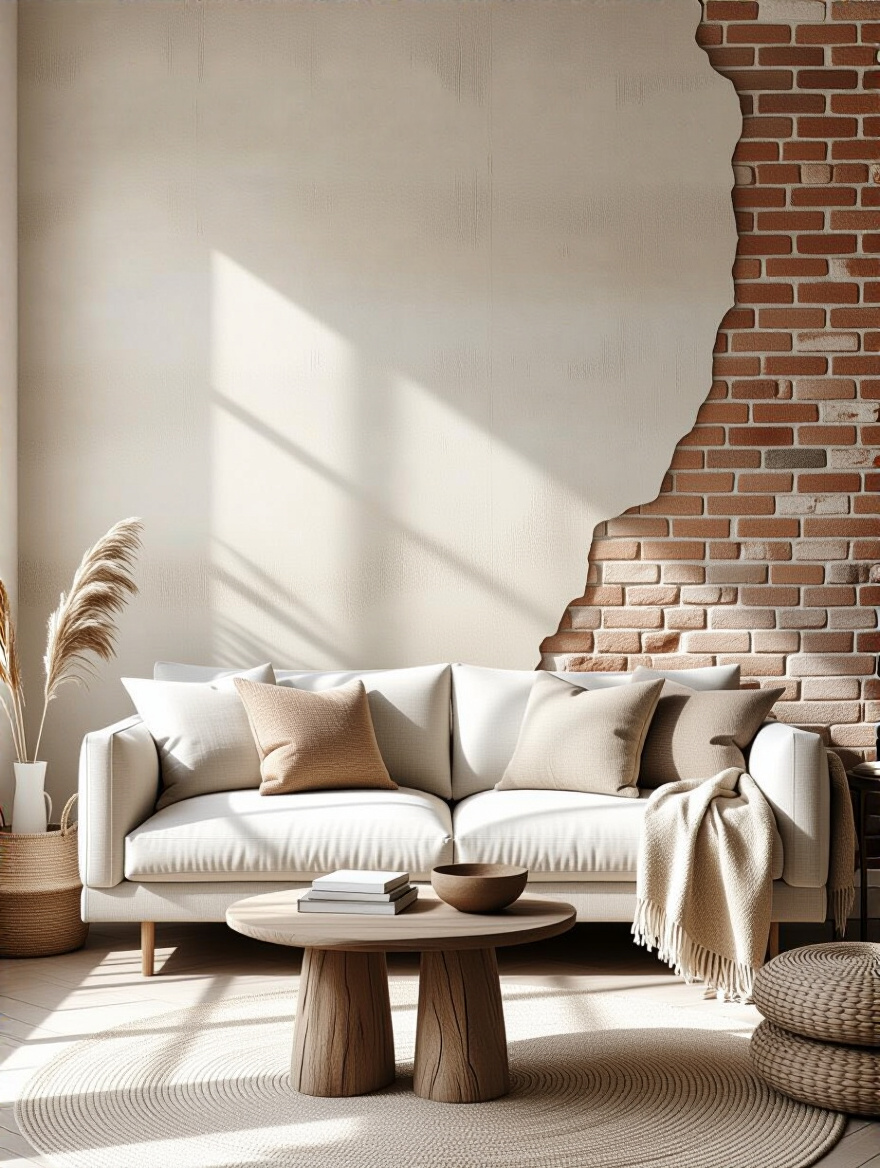 Textural wallpaper accent wall in a modern living room with natural light