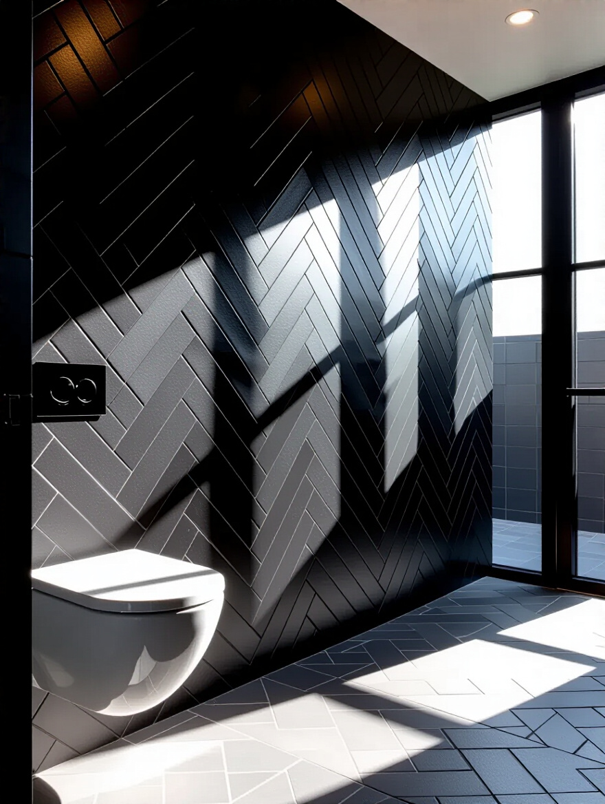Industrial bathroom with herringbone tile layout showcasing dynamic visual interest.