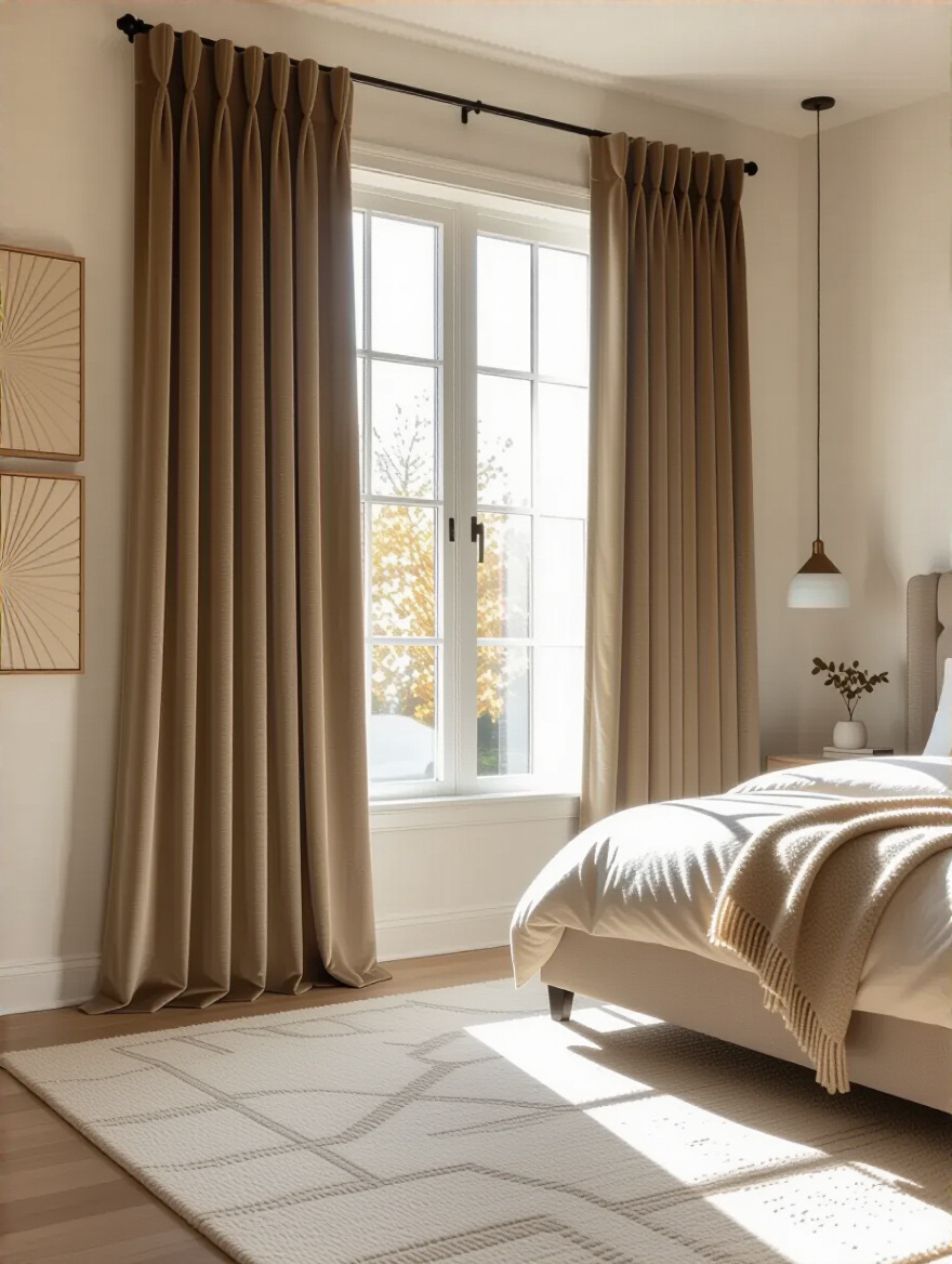 Cozy bedroom corner with velvet curtains, plush rug, upholstered headboard, and acoustic wall panels for sound dampening
