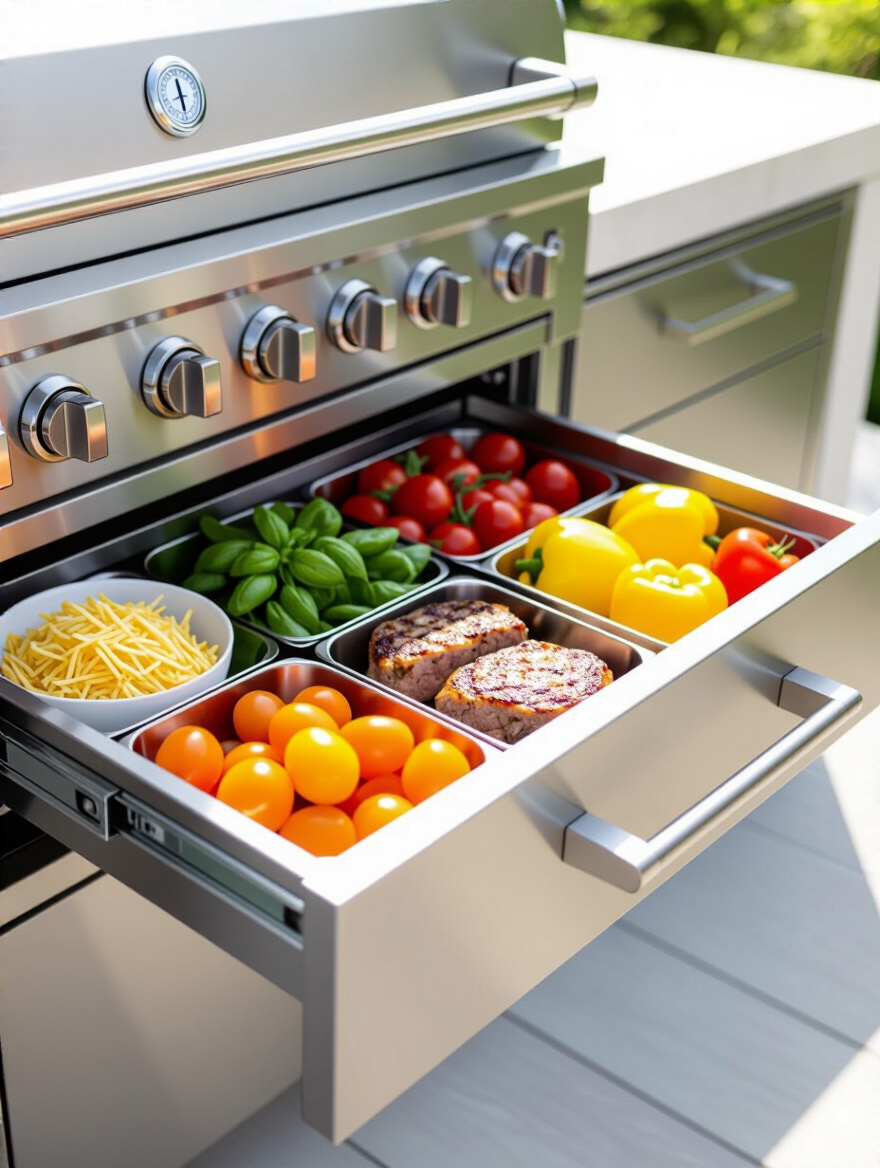 Outdoor kitchen drawer open showing specialized drawer inserts organizing grilling tools neatly