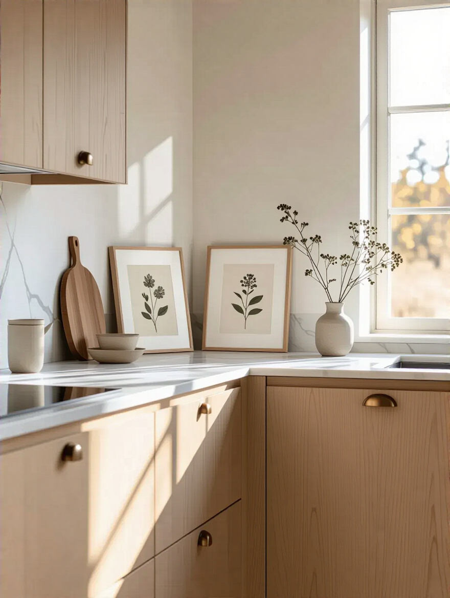 Scandinavian kitchen showcasing subtle artwork and photography
