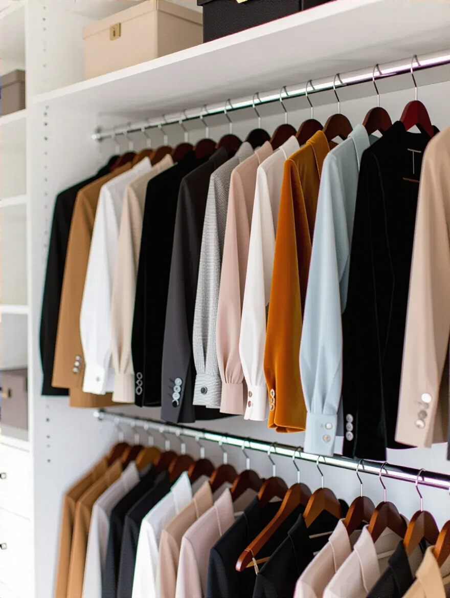Portrait image of an organized wardrobe using tiered hangers and cascading hooks to maximize vertical storage space
