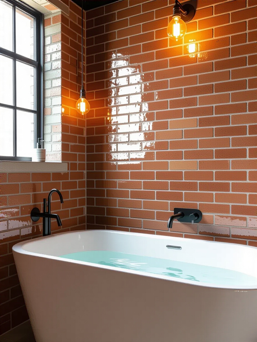 Industrial bathroom featuring exposed brick-look porcelain tiles on the walls.
