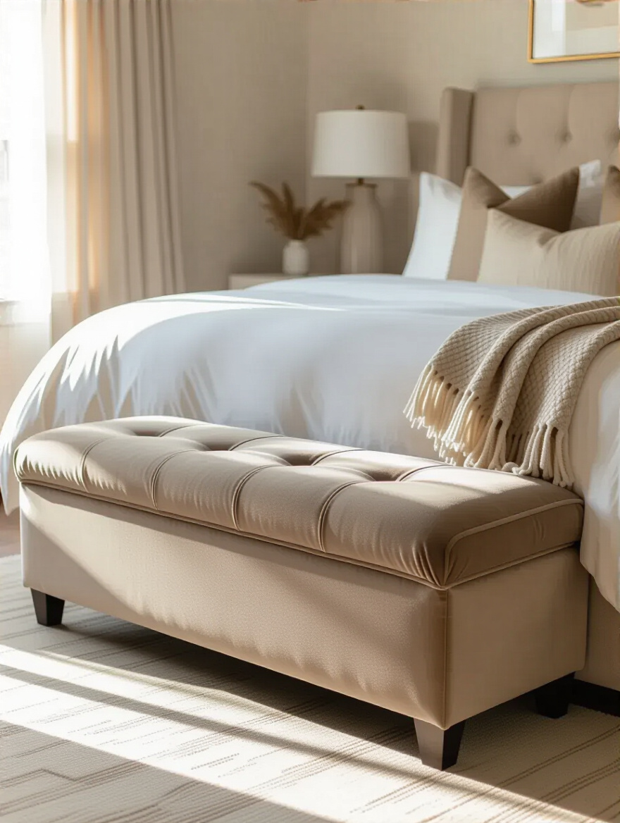 Cozy bedroom with a plush velvet bench at the foot of the bed providing extra seating and style