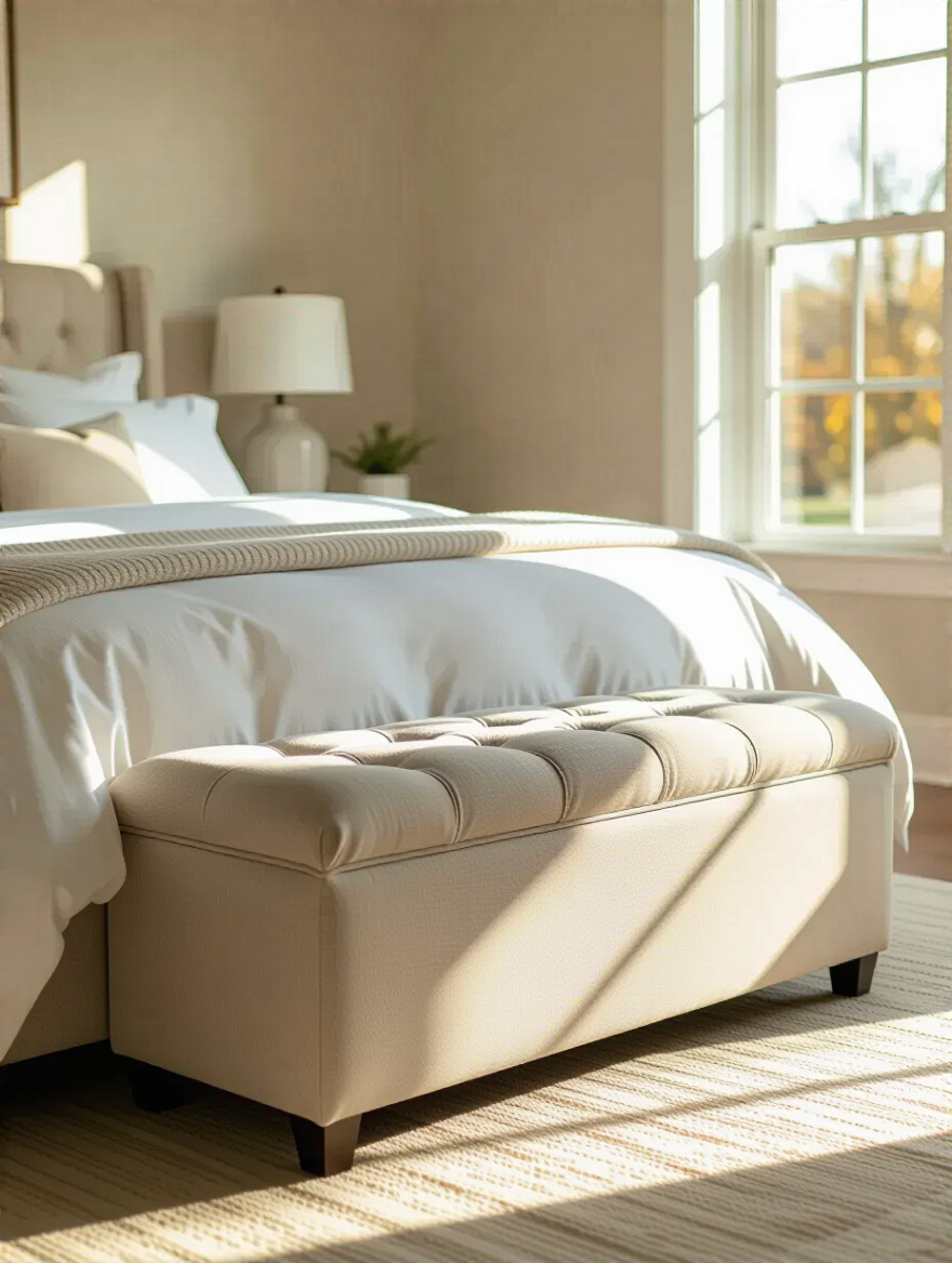 Elegant bedroom with a storage bench at the foot of the bed, showcasing organized linens.