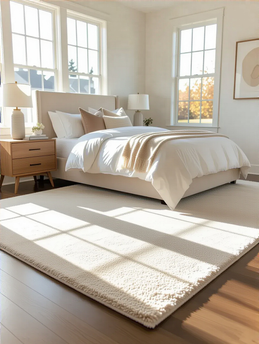 Cozy bedroom with a large plush oversized area rug extending under a queen bed on hardwood floors, natural light
