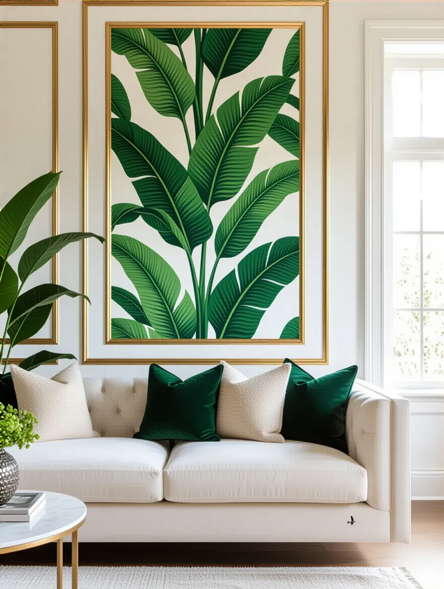 Living room with tropical leaf wallpaper accent wall framed by metallic gold trim