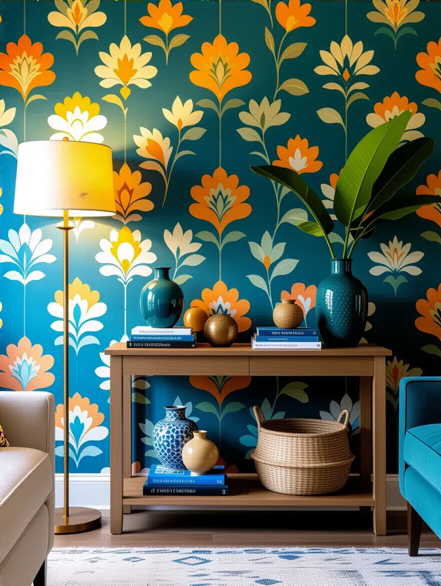 Stylish living room with complementary accessories enhancing accent wallpaper.