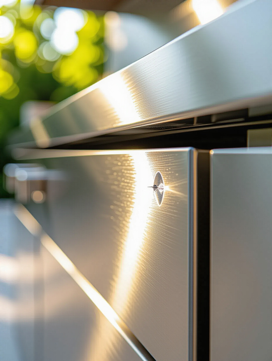 Close-up portrait photo of outdoor kitchen cabinet corner with small surface blemish being treated, natural daylight, no people