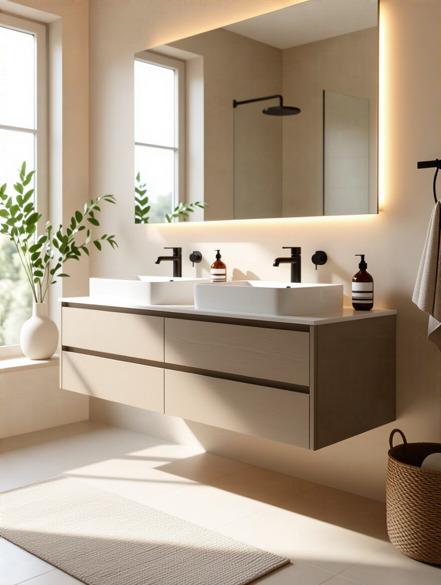Modern bathroom with ergonomic vanity height showcasing dual sinks and elegant design.