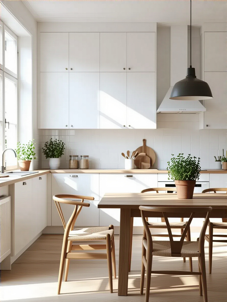 Scandinavian kitchen embodying Lagom design principles with natural light and minimalist decor.