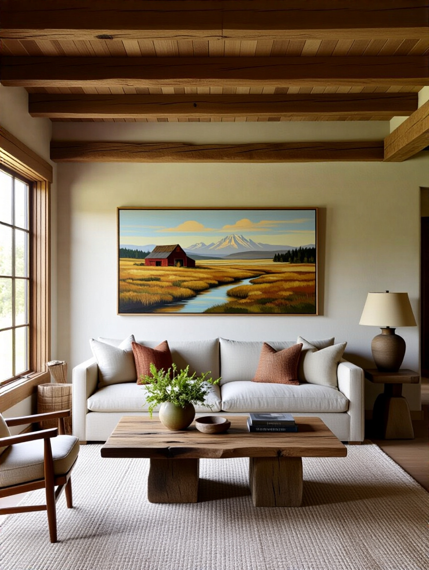 Rustic living room wall featuring a large framed rustic landscape art of a misty evergreen forest in a distressed barnwood frame