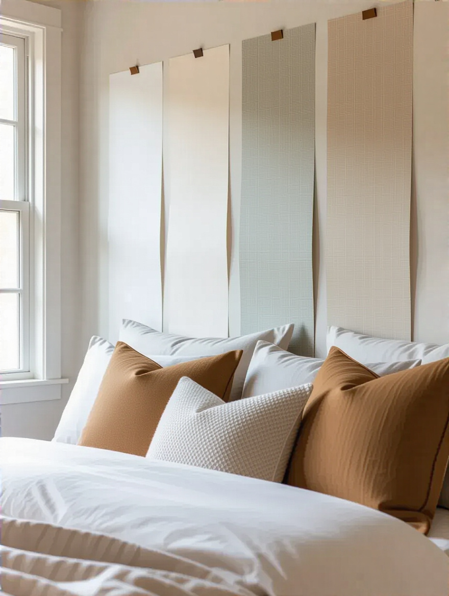 Wallpaper samples taped vertically on a bedroom accent wall showing true color and texture under natural light