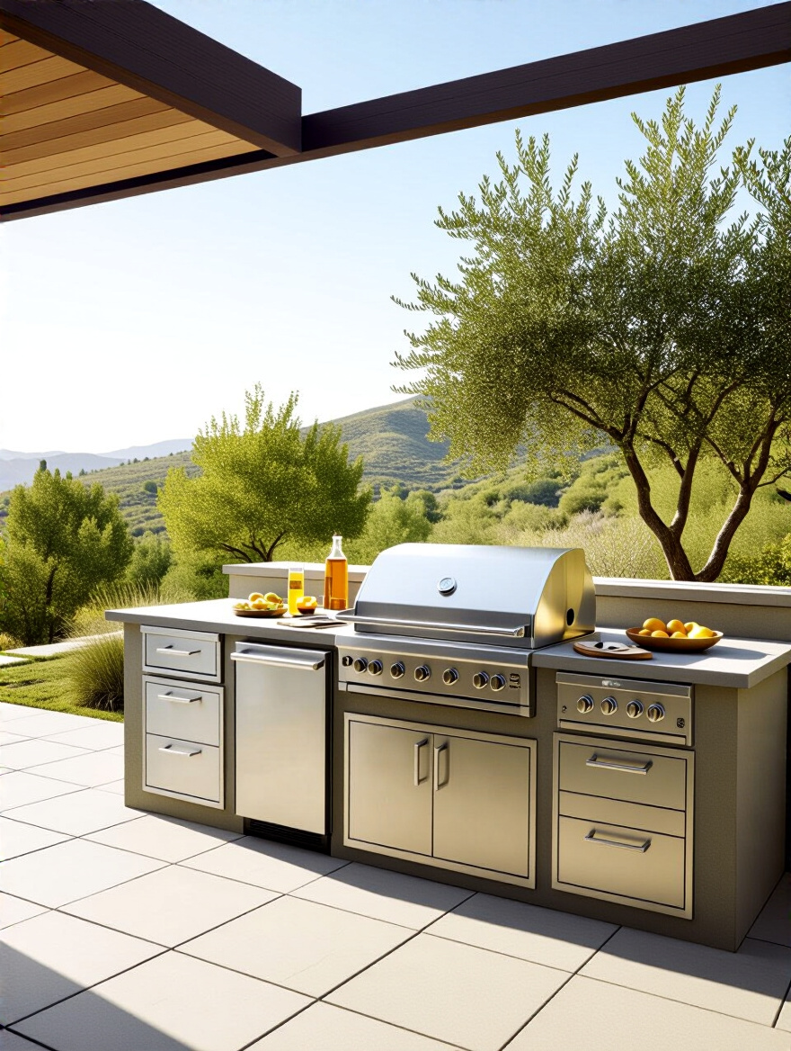 Outdoor kitchen cabinets made from various climate-resistant materials under natural sunlight
