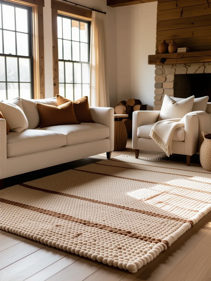 Rustic living room with a large textured area rug anchoring sofa and armchairs, natural light highlighting the rug's fibers