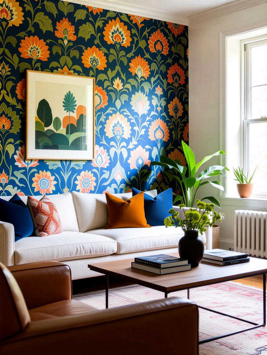 Vibrant wallpaper accent wall in a cozy living room setting.