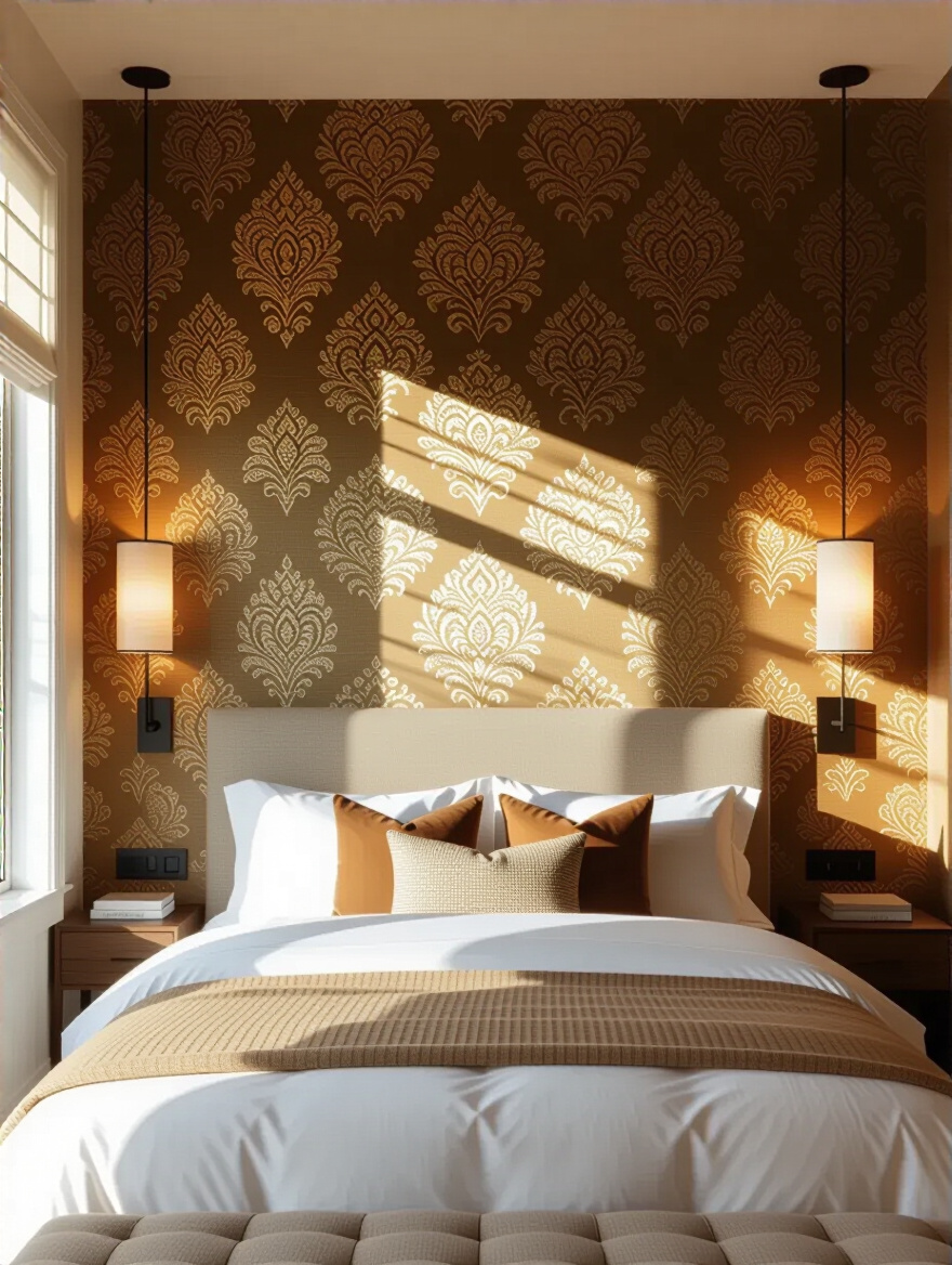 Modern bedroom accent wall with textured wallpaper illuminated by natural and warm artificial lighting enhancing pattern depth